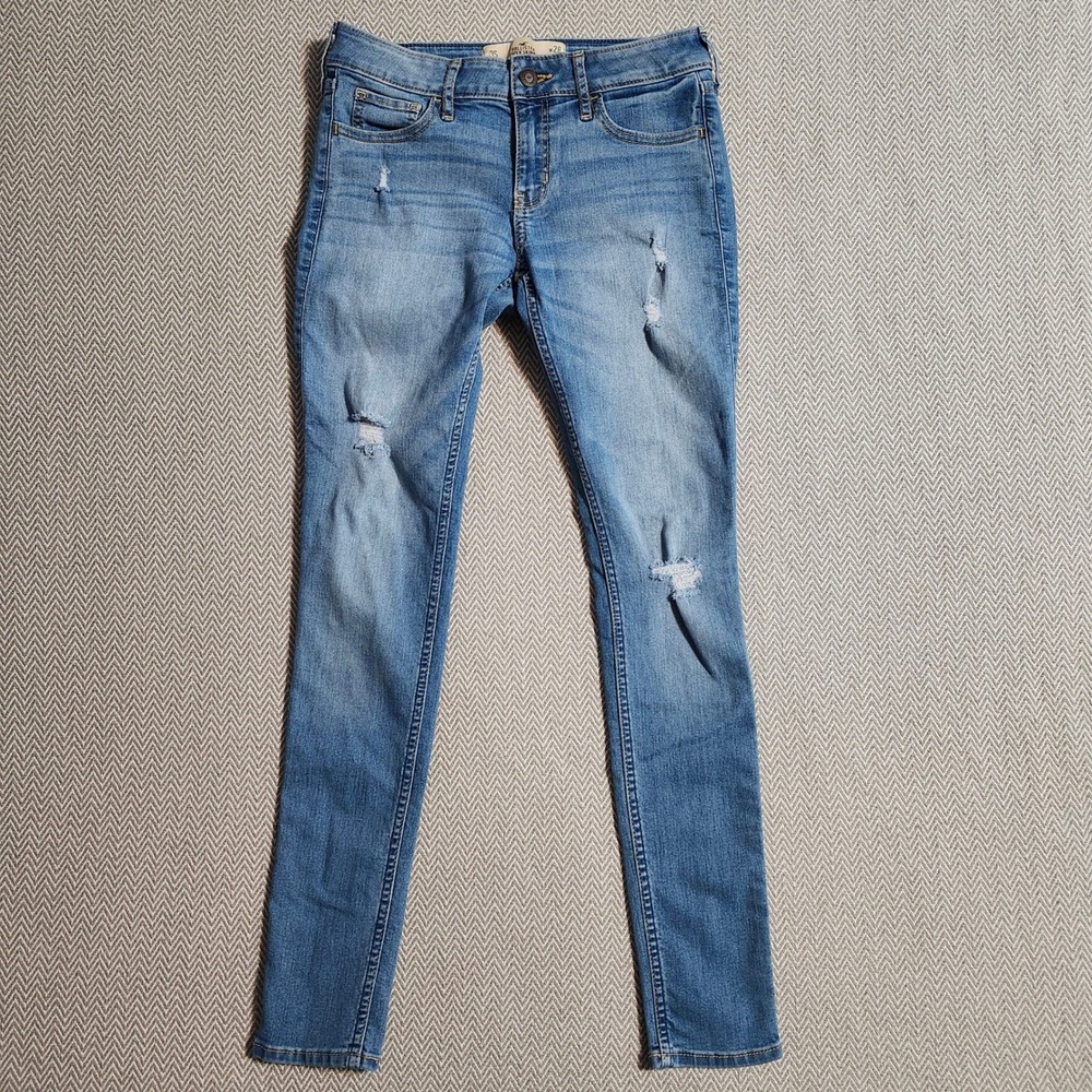 Hollister Super Skinny Distressed Jeans Medium Wash 3S W26 L29 Low Rise Stretch